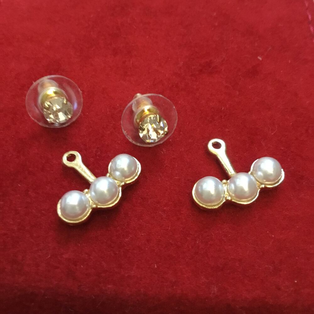 Front Back Gold Tripple Pearl Faux Diamond Stud Earrings - Picture 5 of 8